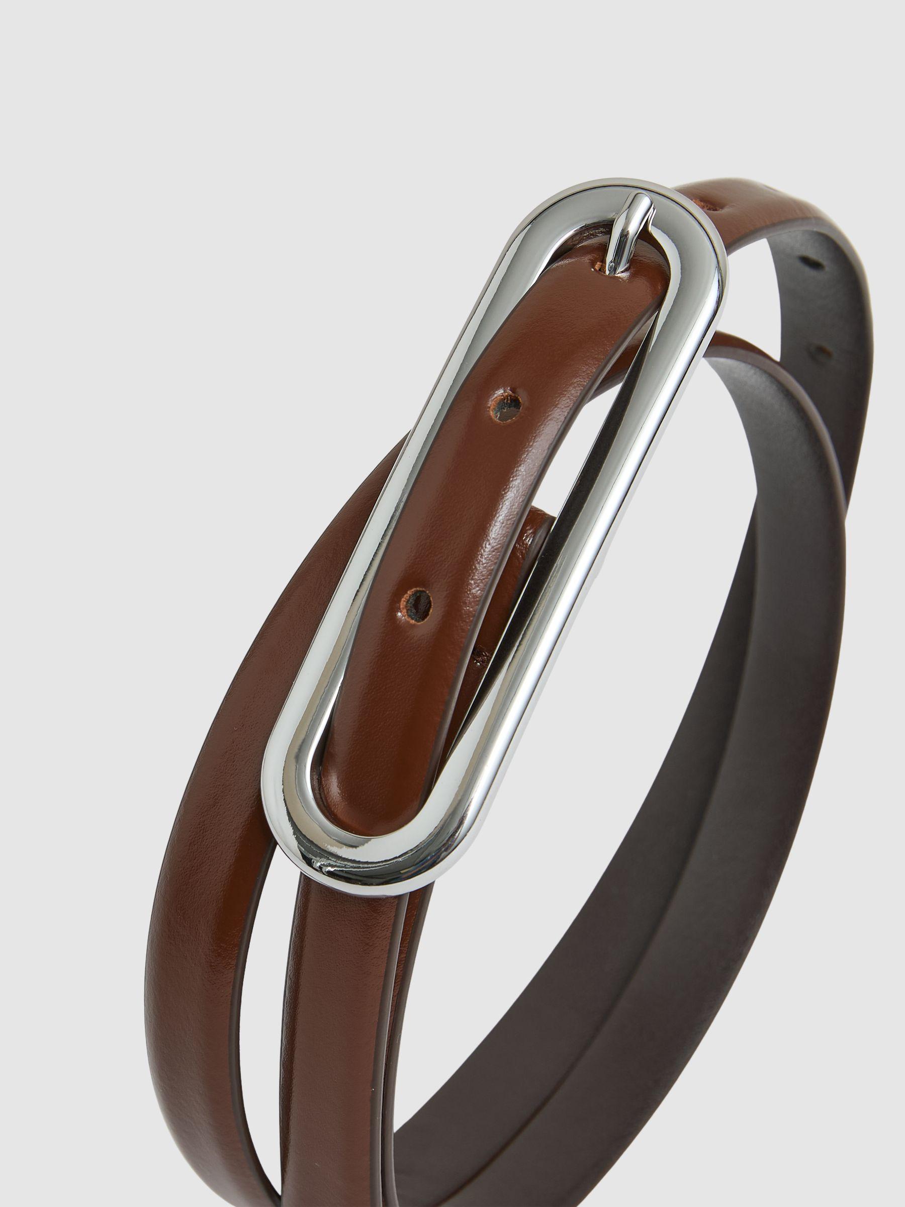 Thin Leather Elongated Buckle Belt in Tan Product Image