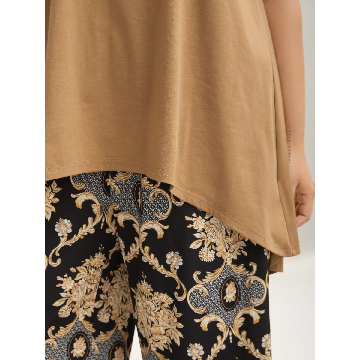 Plus Size Boho Print Color Contrast Loungewear Set Women Tan Non Sleeveless Round Neck Casual Loungewear Sets BloomChic 26/4X Product Image