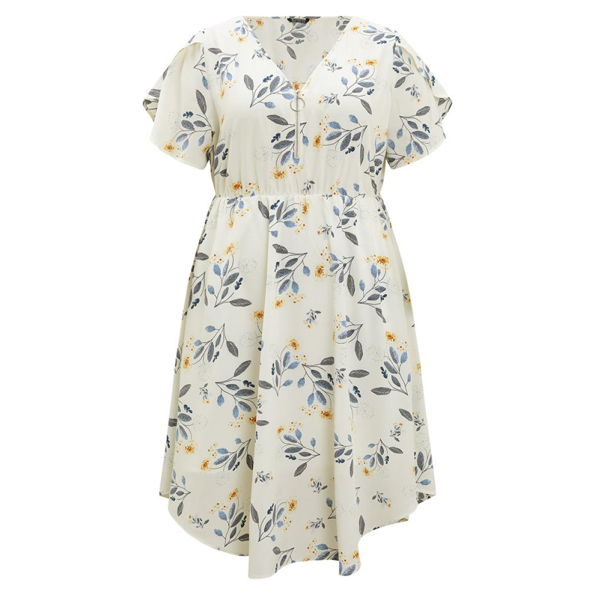 Plus Size Floral Arc Hem Pocket Split Petal Sleeve Zip Up Dress Ivory Women Office Lined V-neck Short sleeve Curvy Midi Dress BloomChic 14-16/1X Product Image