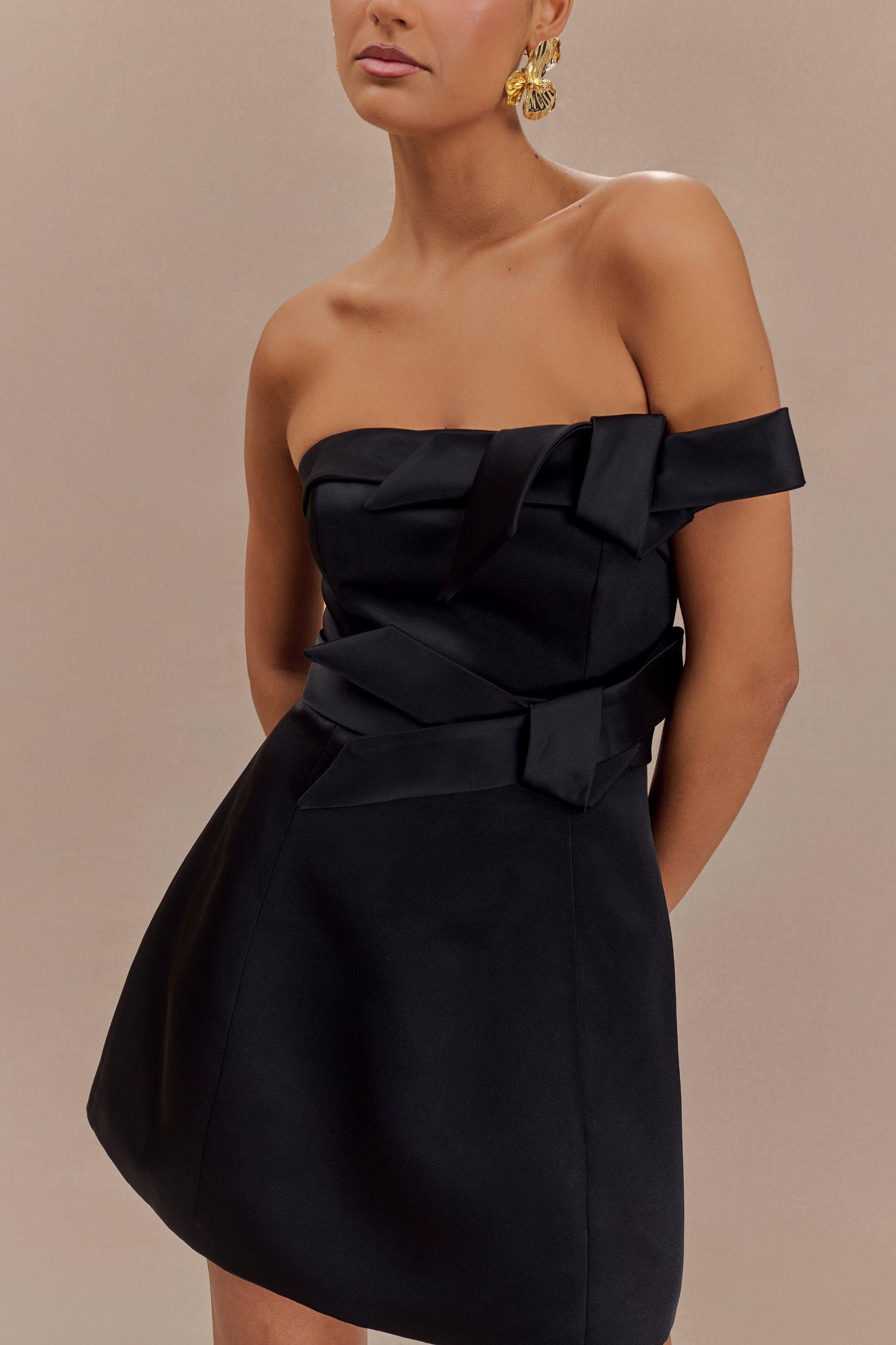 Tatiana Satin Strapless Bow Mini Dress - Black Product Image