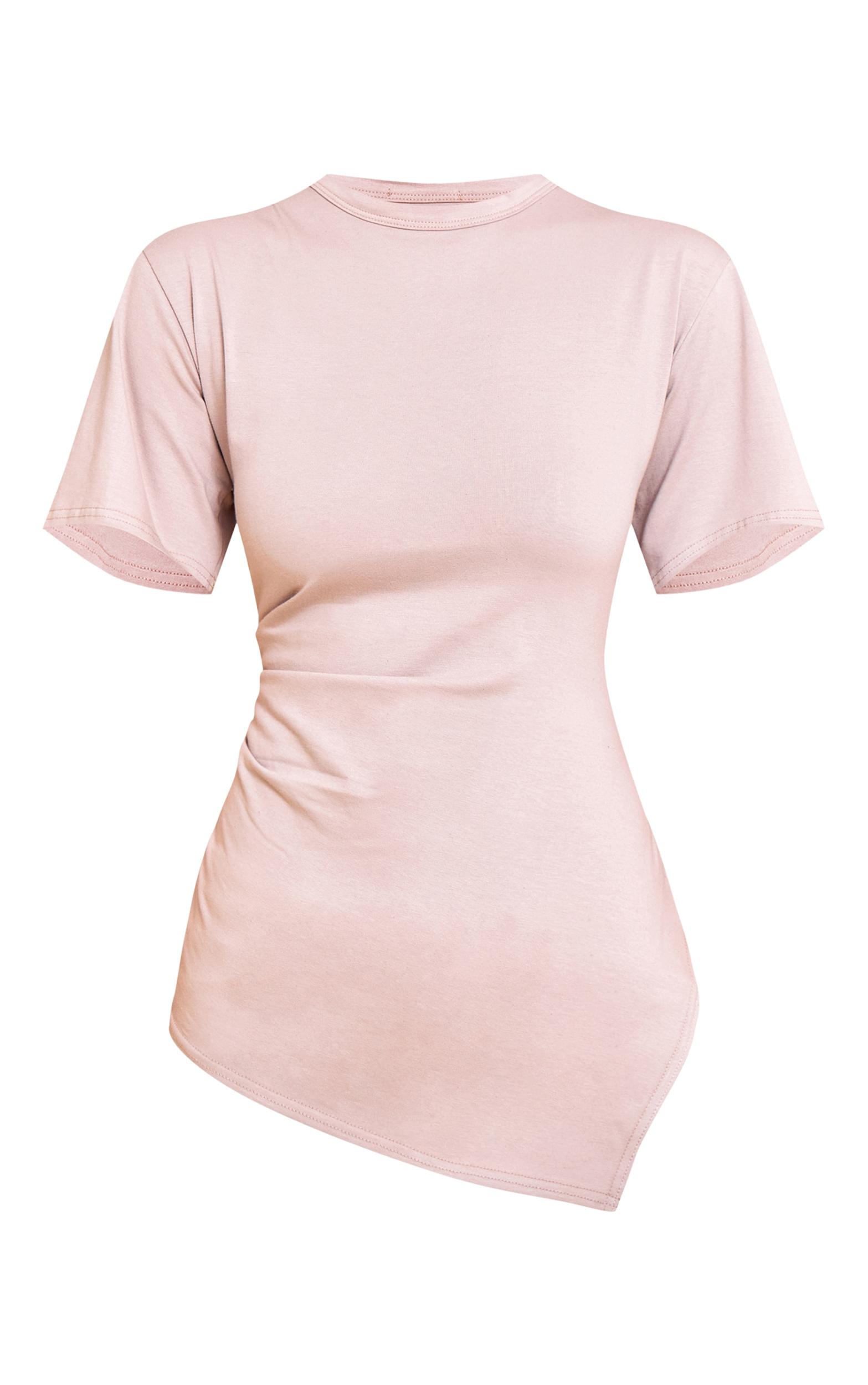 Sand Cotton Ruched Side Asymmetric Hem T-shirt Product Image