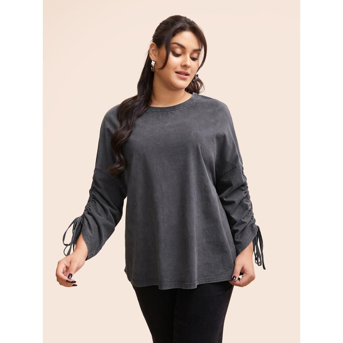 Plus Size Vintage Drawstring Drop Shoulder T-shirt DimGray Women Casual Drawstring Round Neck Everyday T-shirts BloomChic 28/5X Product Image