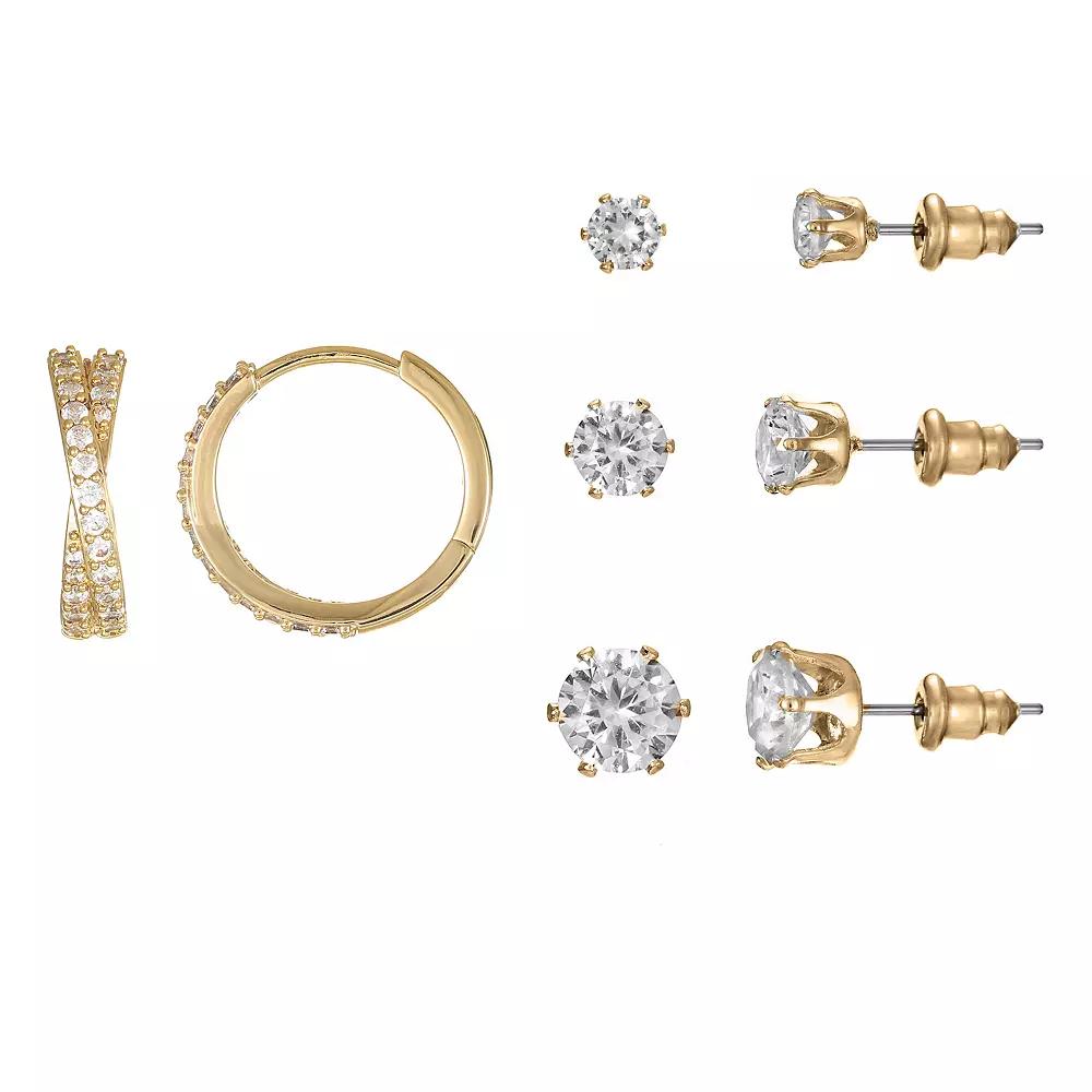 Gold Tone Cubic Zirconia Hoop & Stud Earrings Quartet, Women's, Gold Tone Clear Product Image