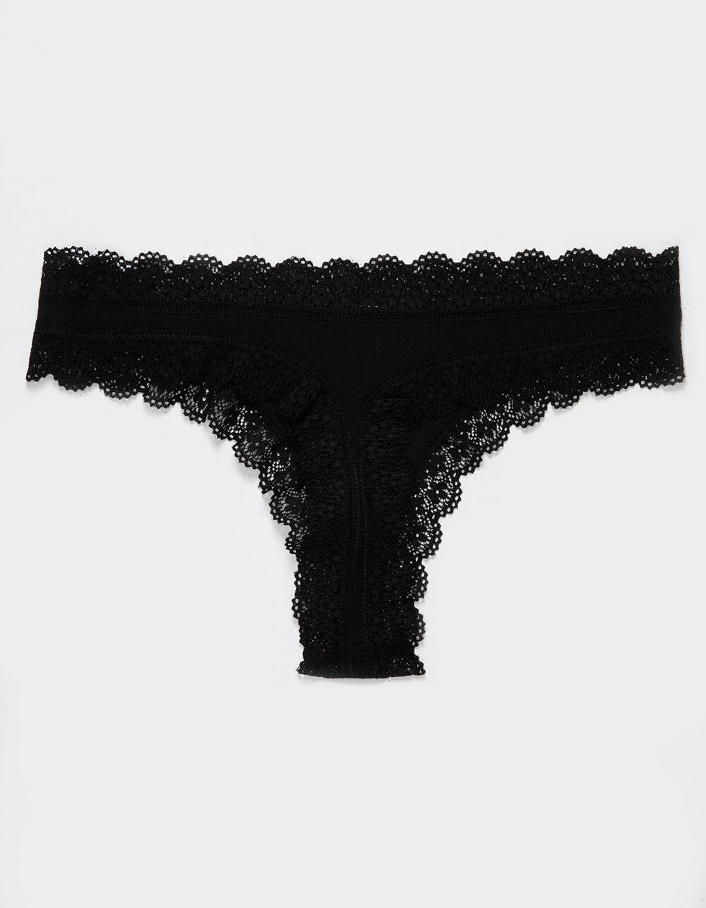 FULL TILT Seamless Rib Lace Trim Thong - BLACK Product Image