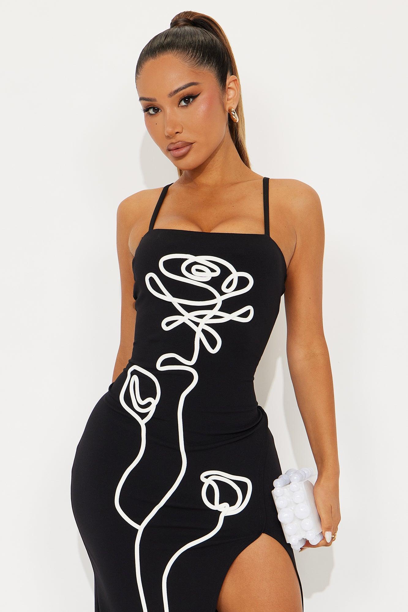 Mirabel Contrast Flower Midi Dress - Black/White Female Product Image