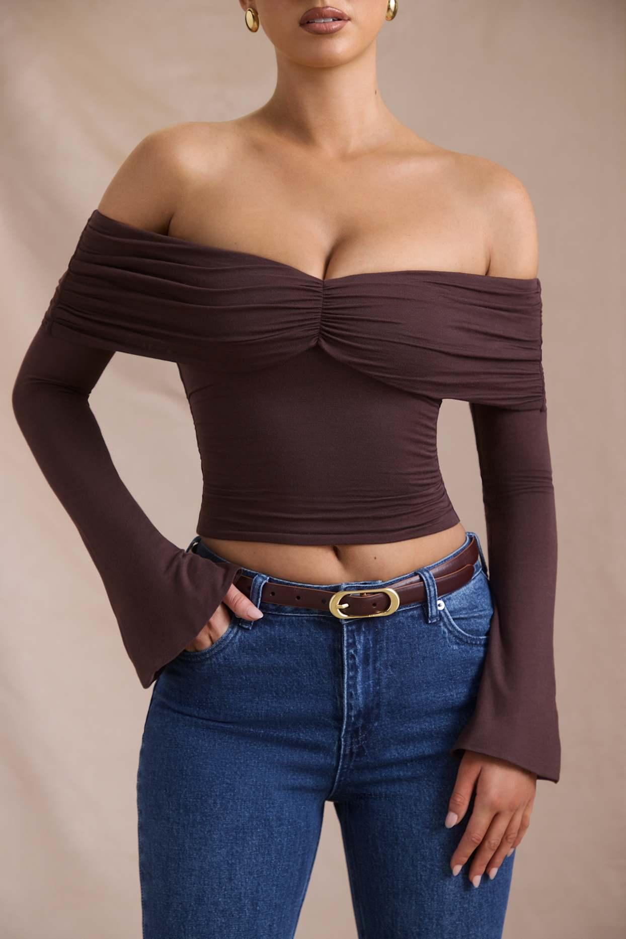 Modal-Cashmere Blend Off-Shoulder Ruched Top in Espresso Product Image