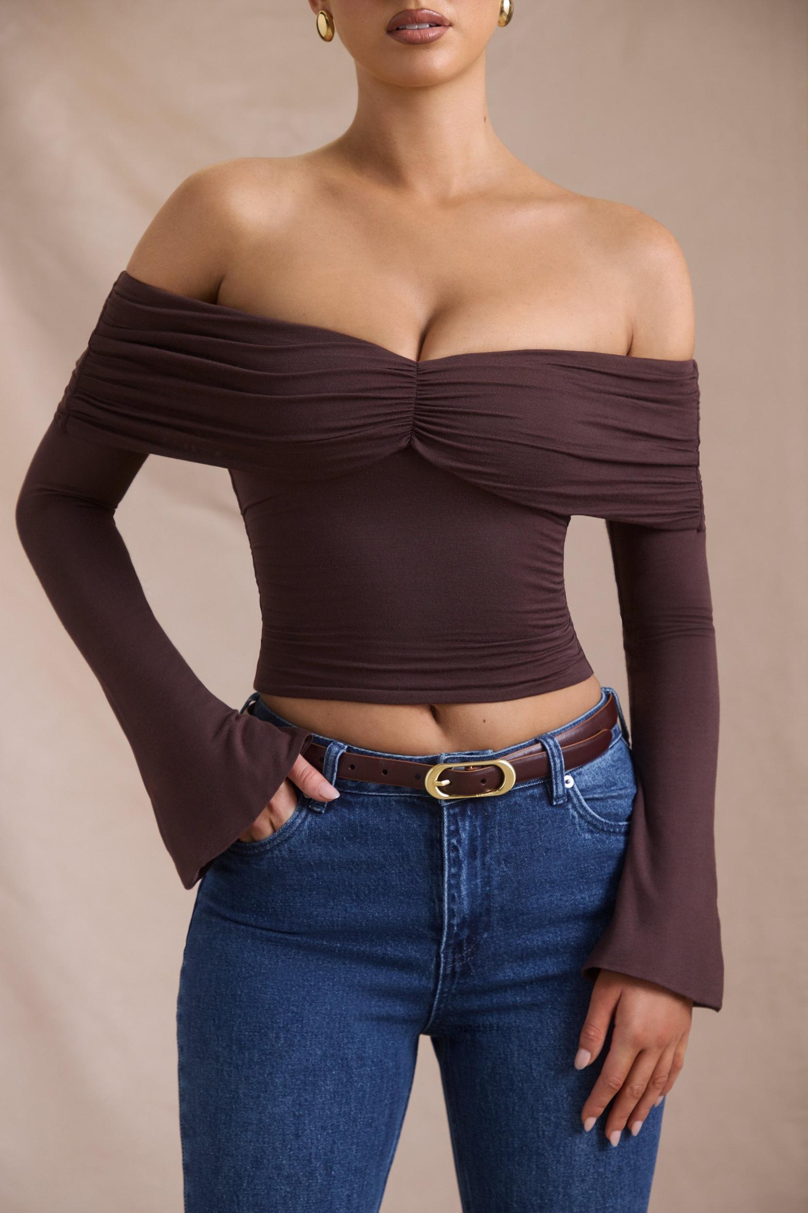 Modal-Cashmere Blend Off-Shoulder Ruched Top in Espresso Product Image
