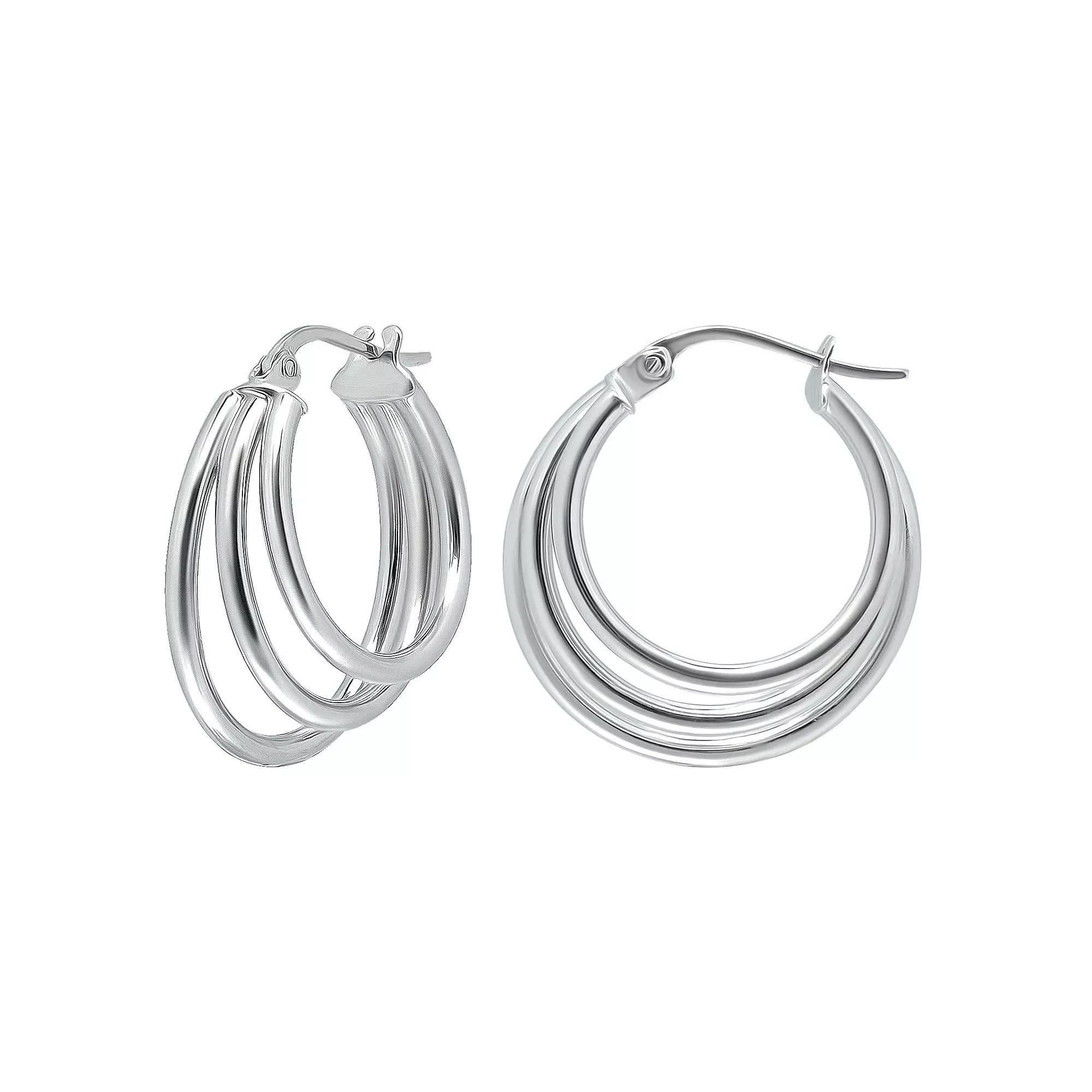Aleure Precioso Sterling Silver 1.5 mm x 20 mm 3 Row Hoop Earrings, Women's Product Image