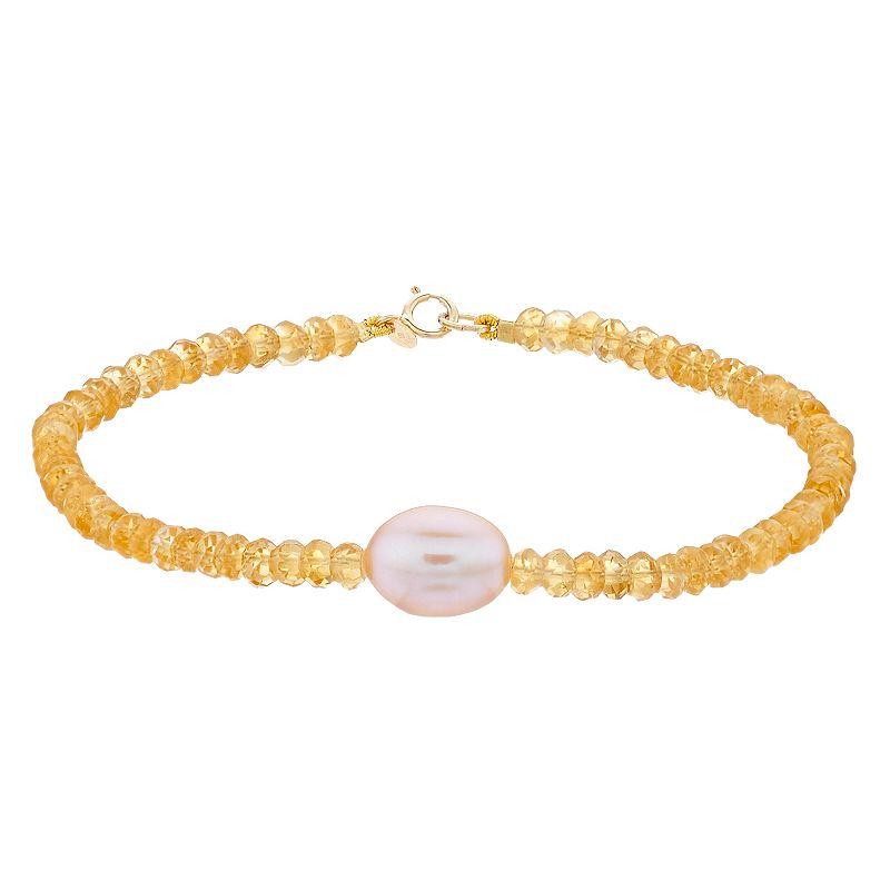 Jewelmak 14k Gold Citrine Rondelle Pink Freshwater Cultured Pearl Bracelet, Women's Product Image