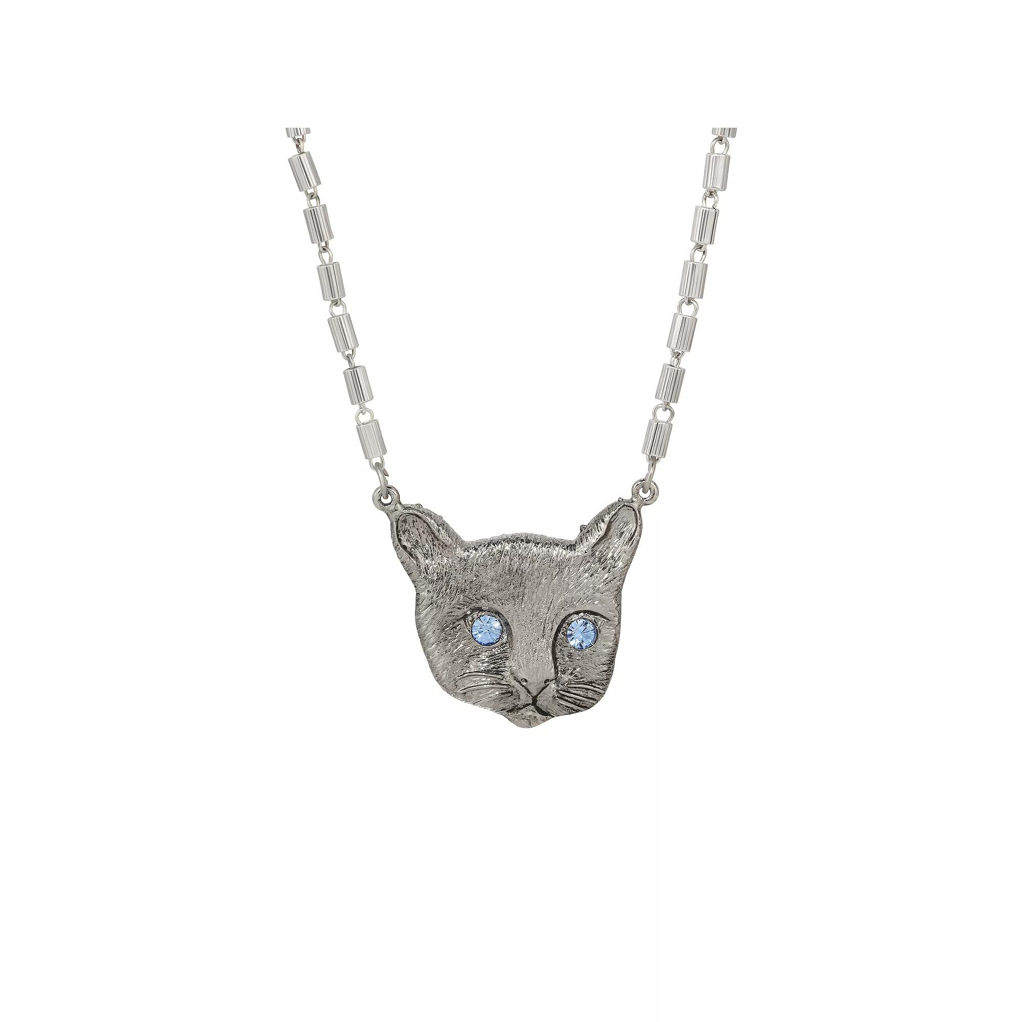 1928 Silver Tone Cat 17-in. Face Crystal Necklace, Womens, Blue Product Image