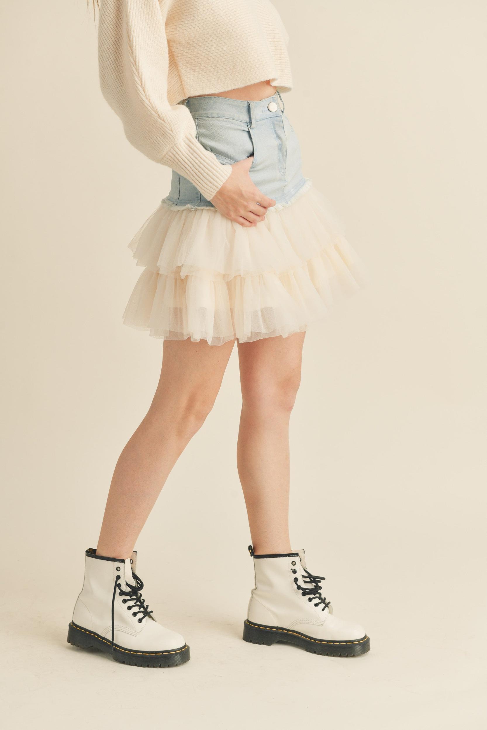 Denim Mini Skirt with Tulle Product Image