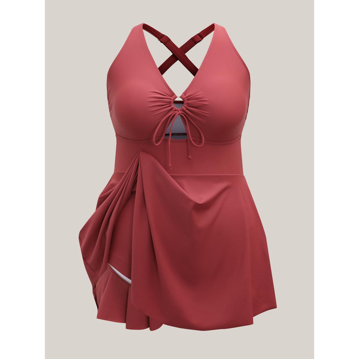 Plus Size Anti-Float Tie Keyhole Swim Dress Women's Swimwear Rust Resort Bodycon V-neck High stretch Curve Swim Dresses BloomChic 18-20/2X Product Image