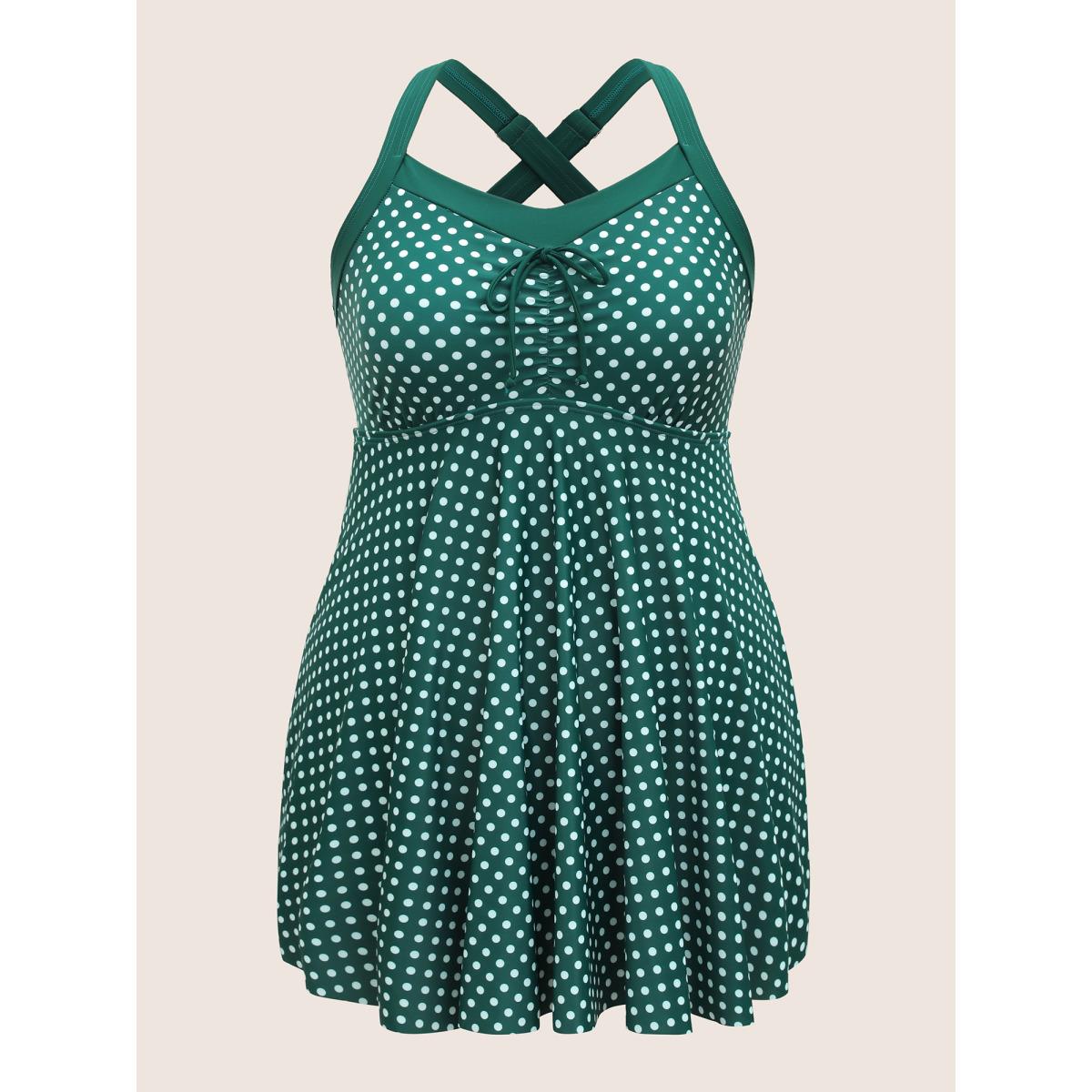 Plus Size Polka Dot Bowknot Detail Ruched Swim Dress Women's Swimwear DarkGreen Beach Bodycon Heart neckline High stretch Curve Swim Dresses BloomChic 10/M Product Image