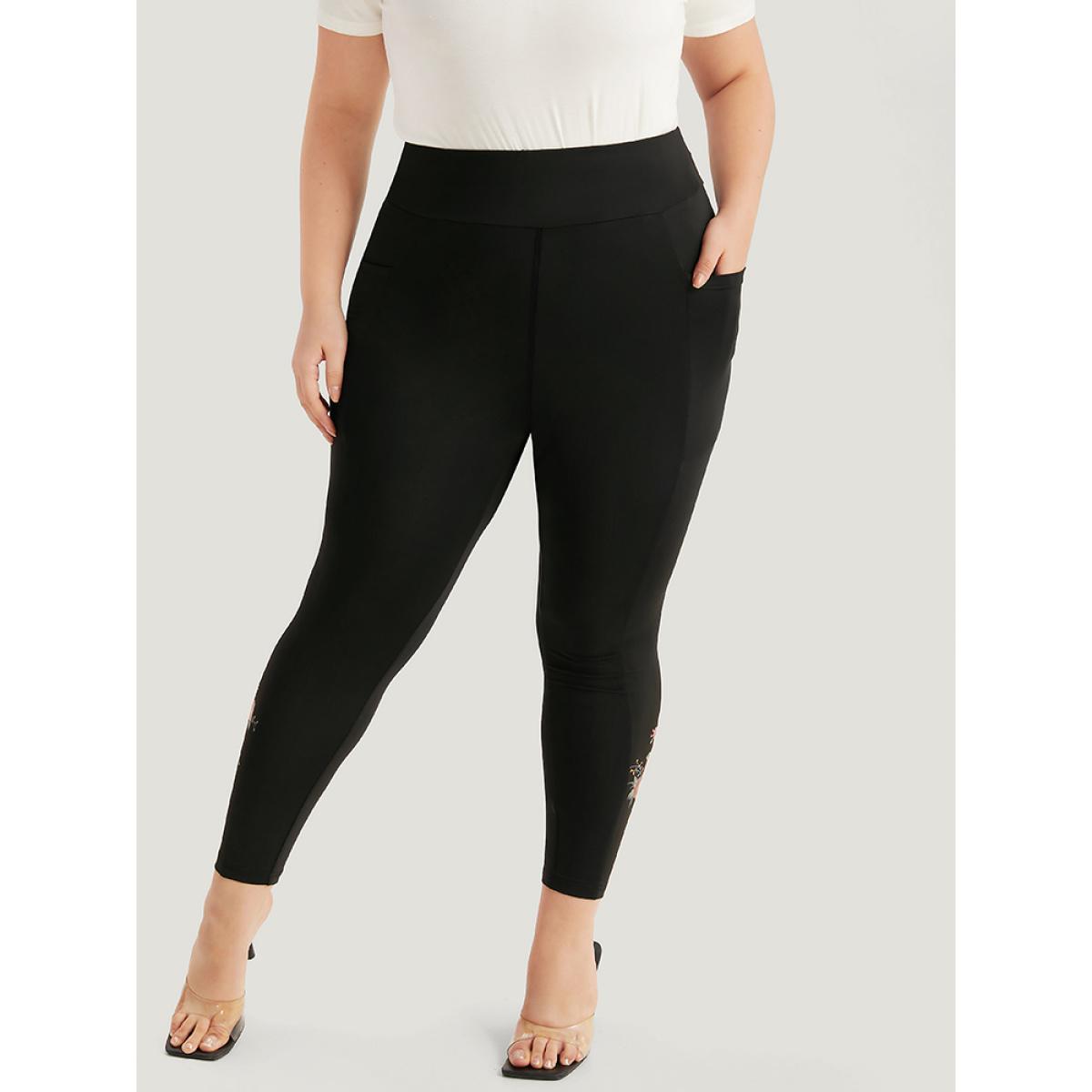 Plus Size Plain Pocket Wideband Waist Floral Print Leggings Women Black Elegant High stretch Skinny High Rise Dailywear Leggings BloomChic 14-16/1X Product Image