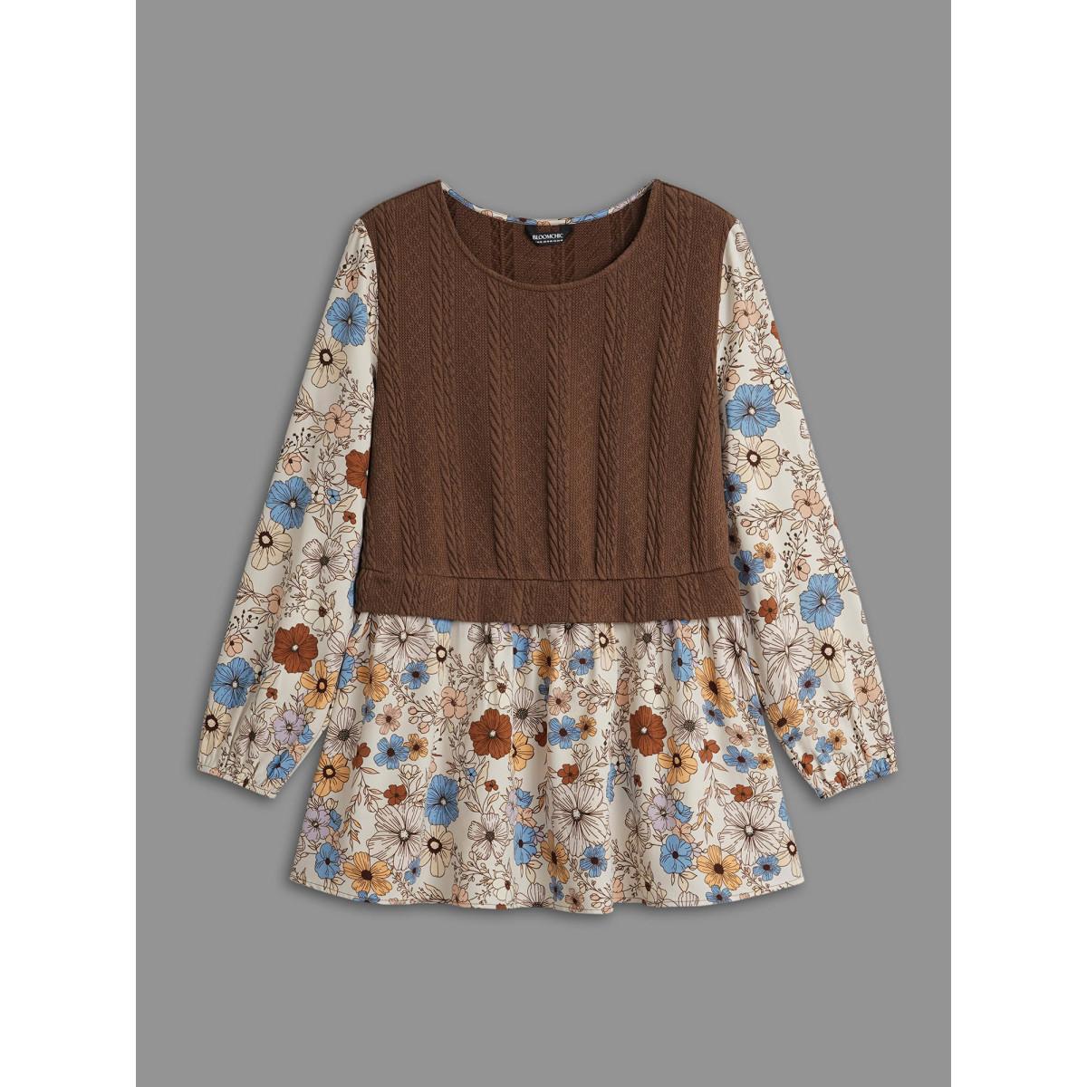 Plus Size Multicolor Mixed Texture Floral Combined Blouse Women Elegant Long Sleeve Round Neck Everyday Blouses BloomChic 18-20/2X Product Image