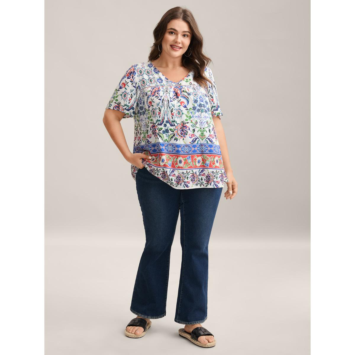 Plus Size Multicolor Rayon Floral Boho Print Lace Trim Blouse Women Short sleeve V-neck Elegant Blouses BloomChic 30/6X Product Image