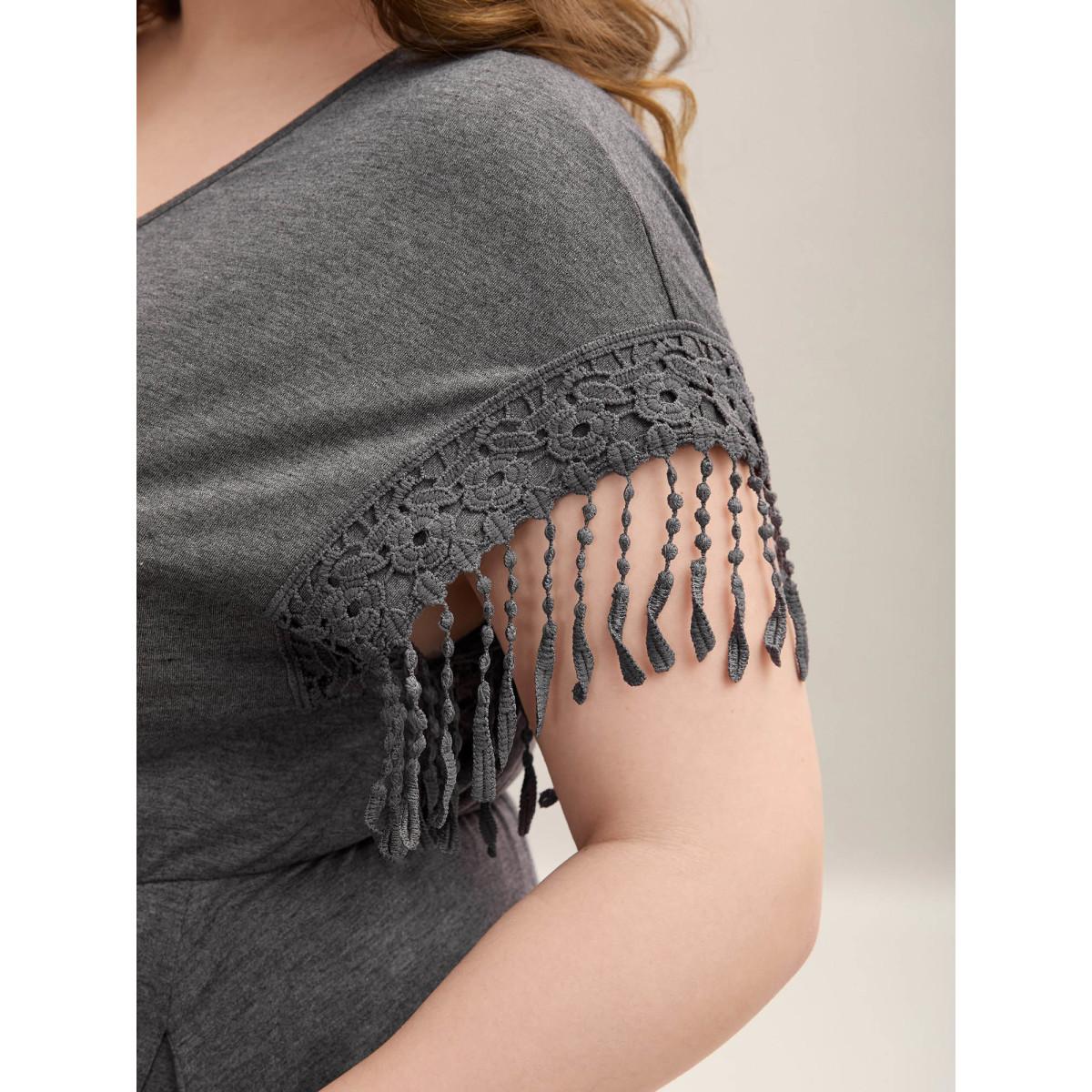 Plus Size Fringe Knit Plain V-Neck Midi Dress DarkGray Women Casual Woven ribbon&lace trim V-neck Cap Sleeve Curvy BloomChic 14-16/1X Product Image