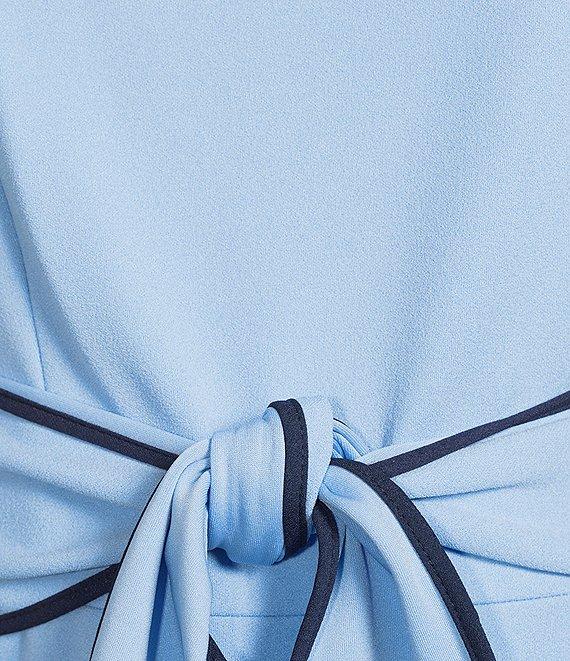 Adrianna Papell Contrasting Trim Boat Neck 3/4 Sleeve Tie Waist Crepe Sheath Dress Product Image