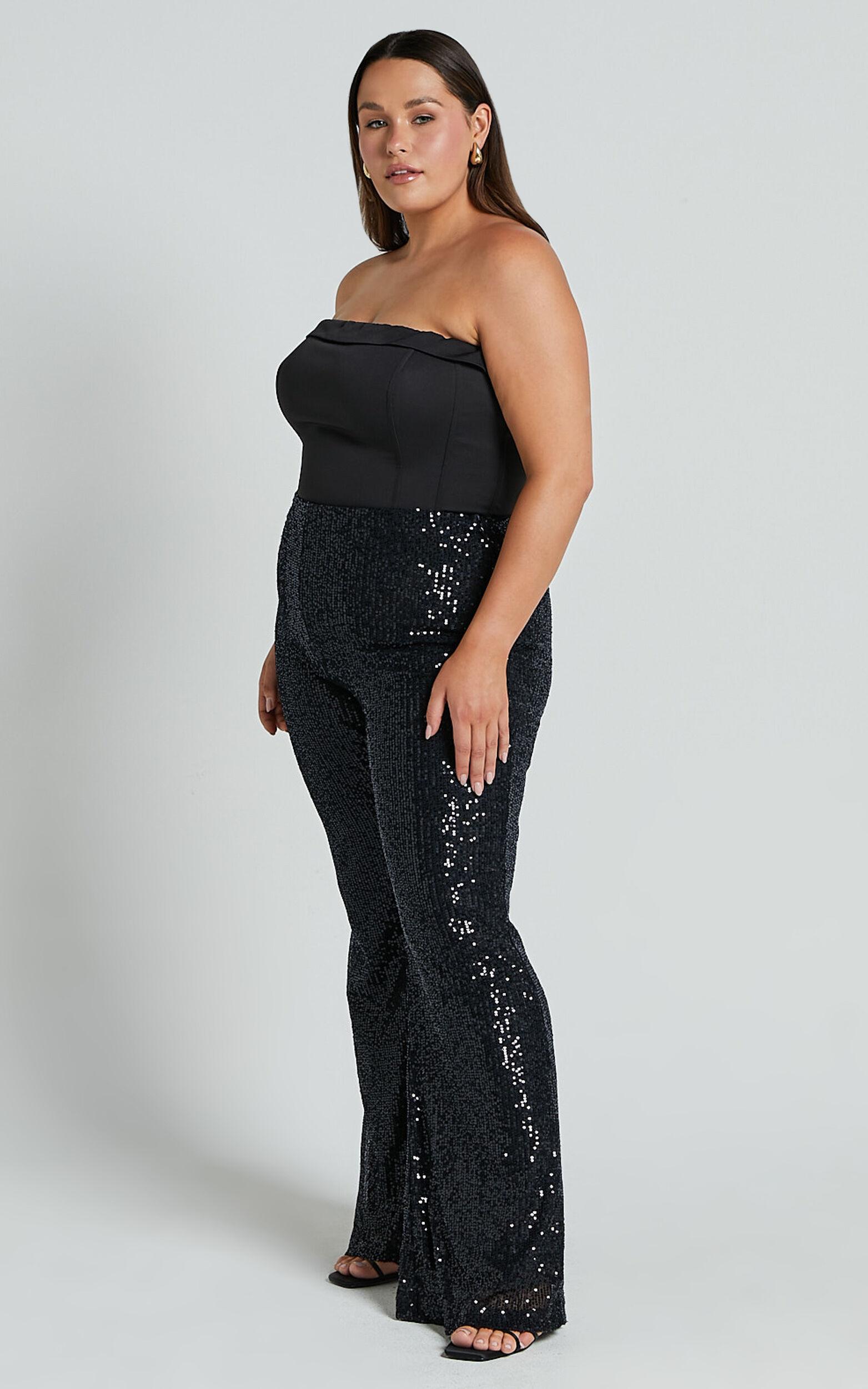 Deliza Pants - Mid Waisted Sequin Flare Pants in Black Product Image
