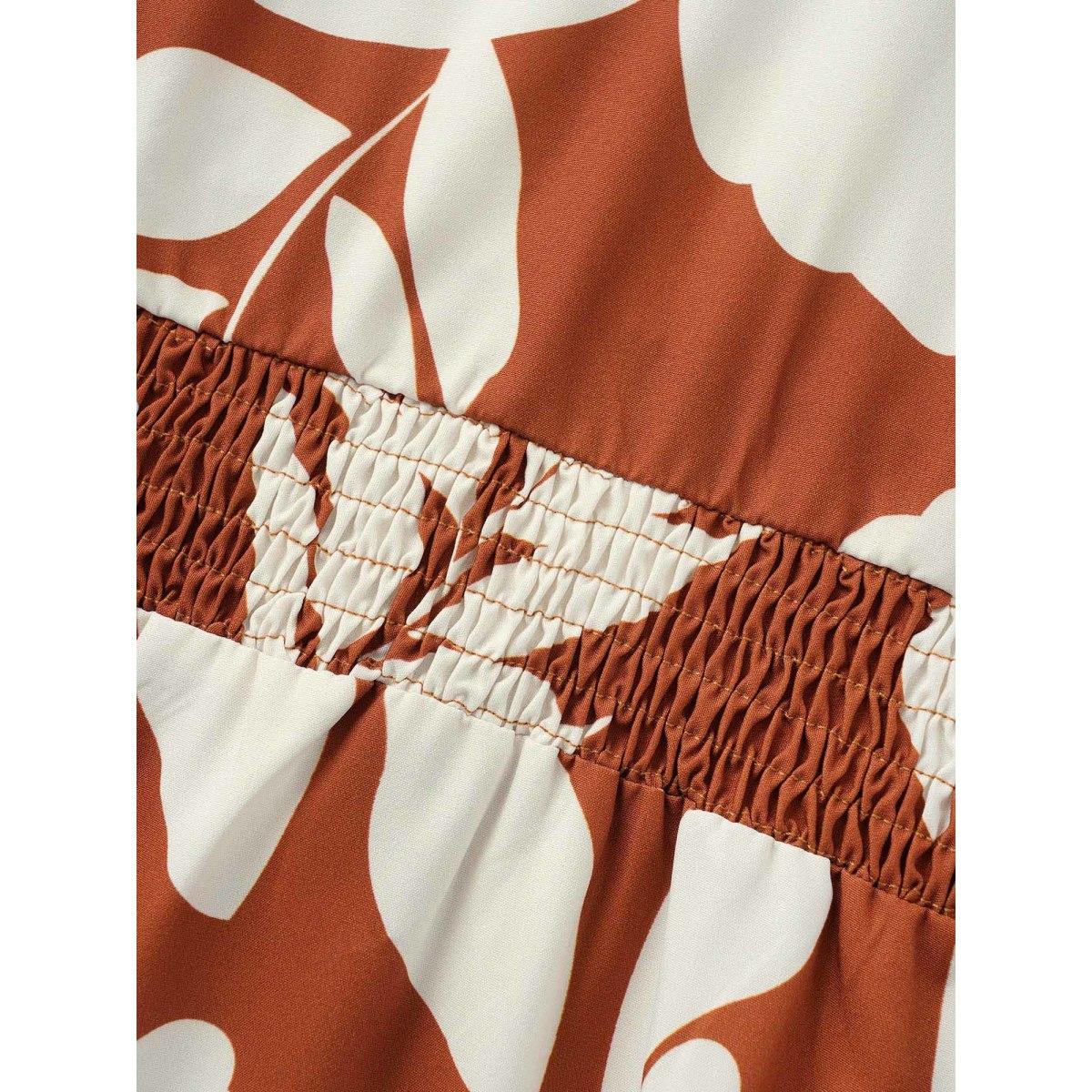 Plus Size Silhouette Floral Print Shirred Ruffles Dress Browncoffeecolor Women Elegant Shirred Notched collar Short sleeve Curvy BloomChic 14-16/1X Product Image