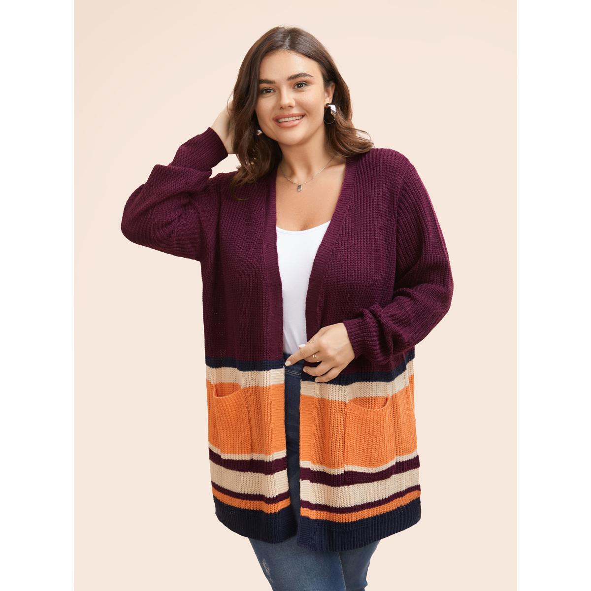 Plus Size Colorblock Contrast Patched Pocket Open Front Cardigan Plum Women Casual Loose Long Sleeve Everyday Cardigans BloomChic 28/5X Product Image