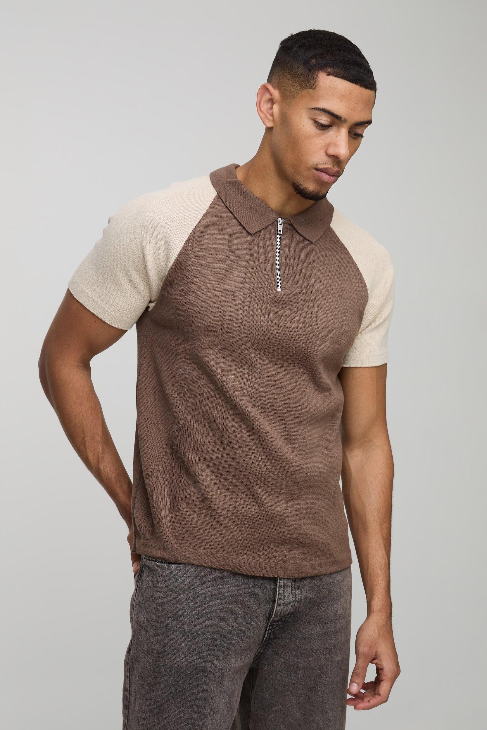 Short Sleeve Muscle Fit Raglan Colour Block Knit Polo | boohooMAN USA Product Image