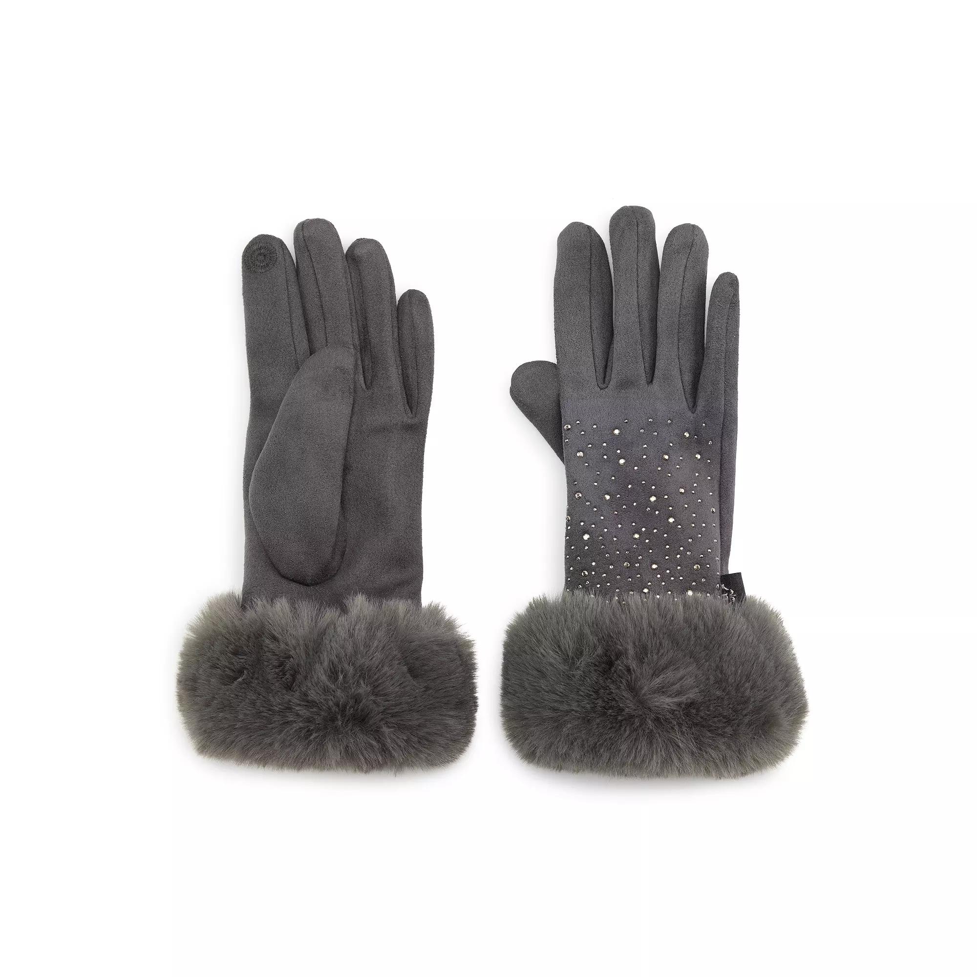 Women's Nanette Lepore Faux Fur-Trimmed Classic Bedazzled Touchscreen-Compatible Gloves, Gray Product Image