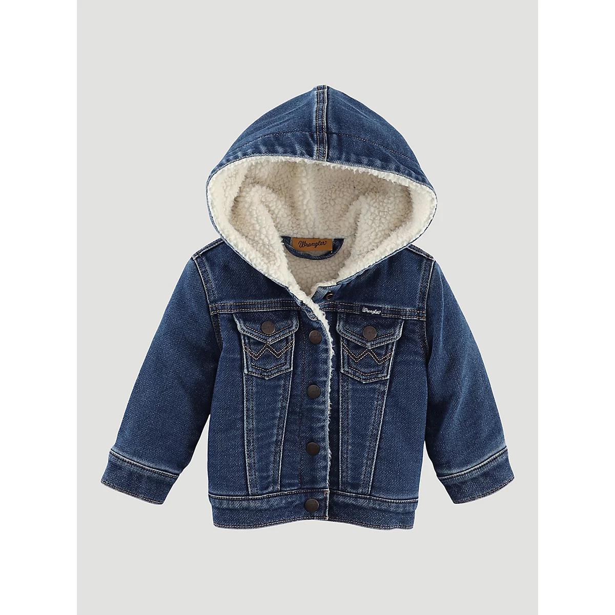 Little Girl's Sherpa Lined Hooded Denim Jacket in Blue Denim Product Image