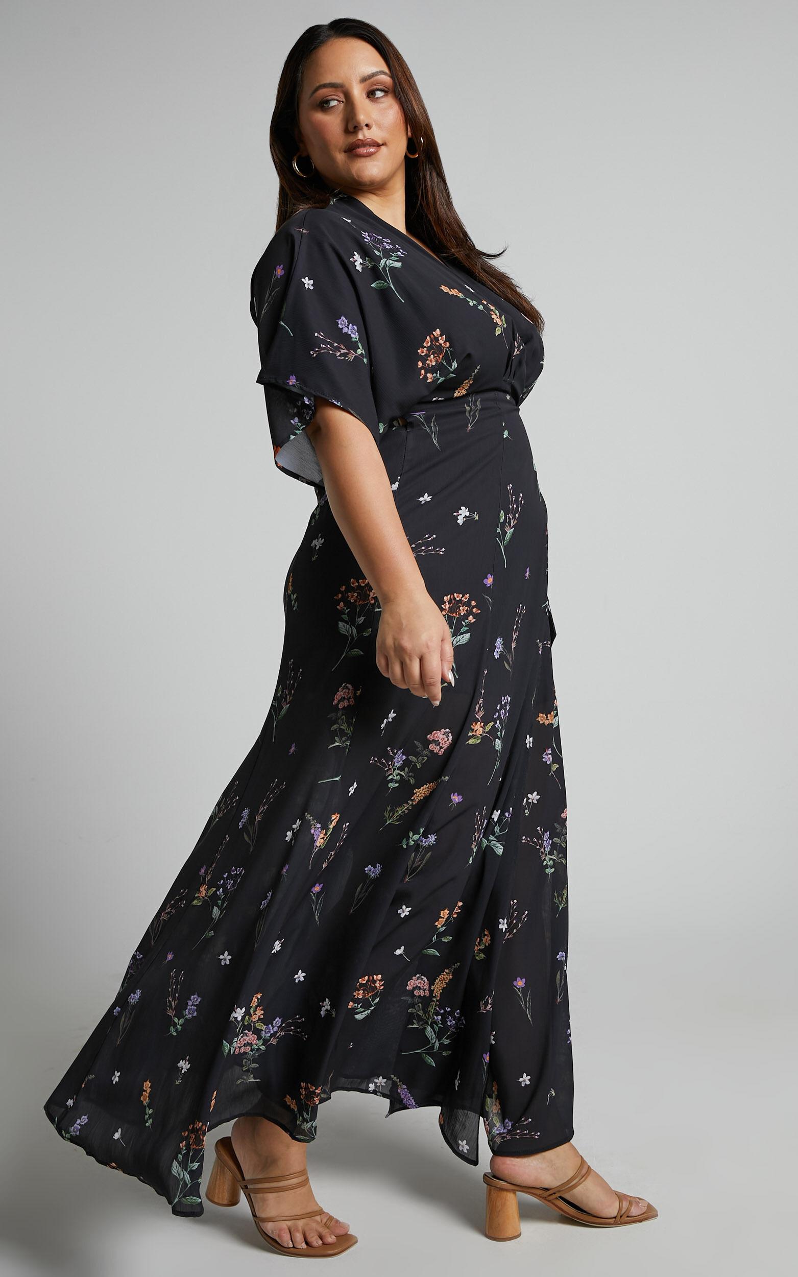 Erenza Maxi Dress - Extended Sleeve Wrap Dress in Black Flower Field Product Image