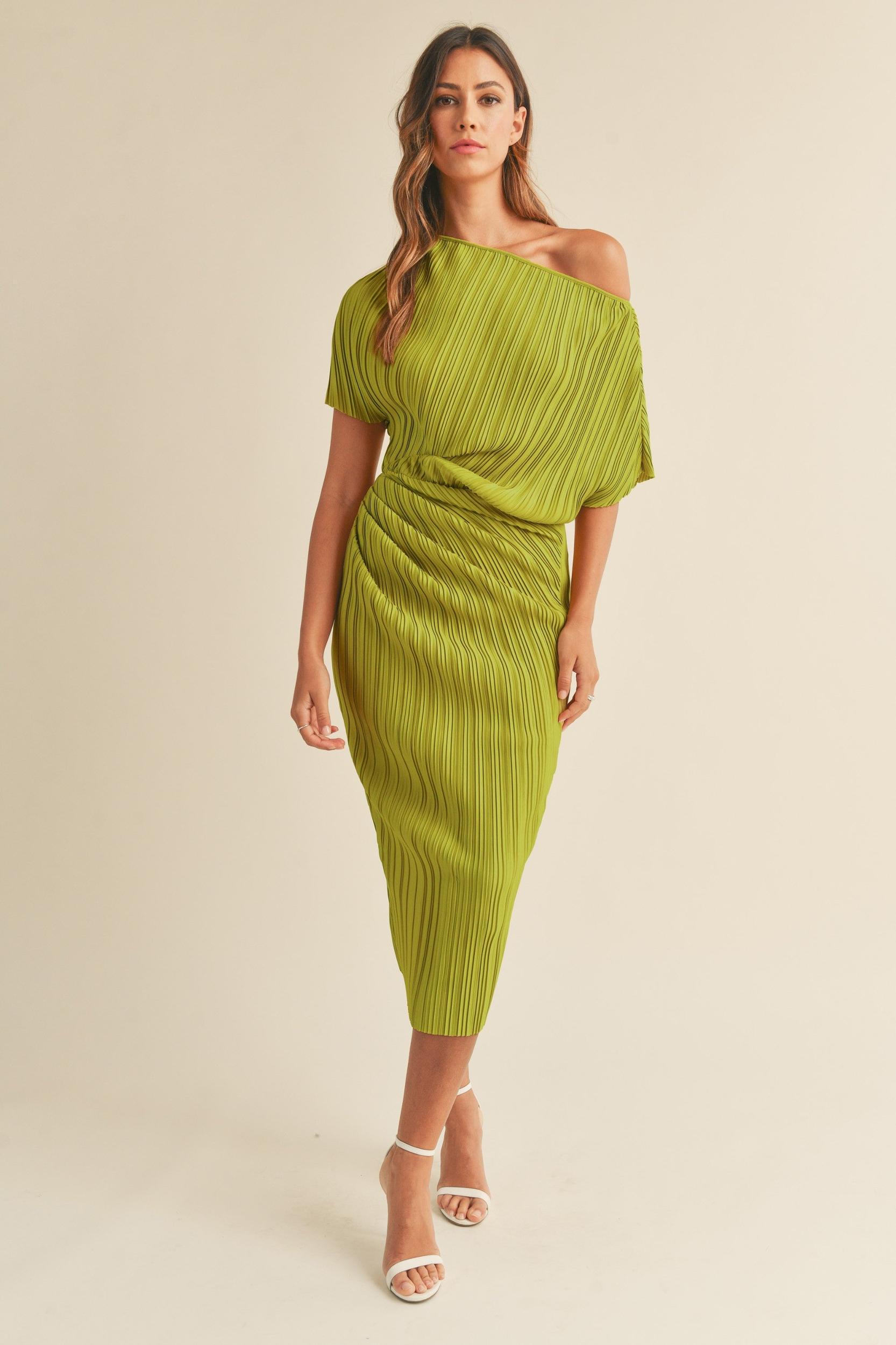 One Shoulder Pleated Midi Dress Product Image