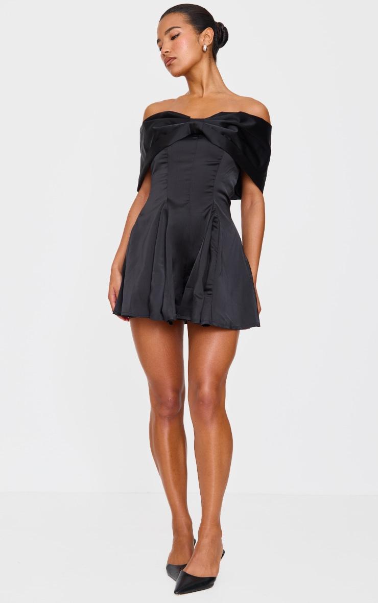 Premium Black Satin Extreme Bow Detail Romper Product Image