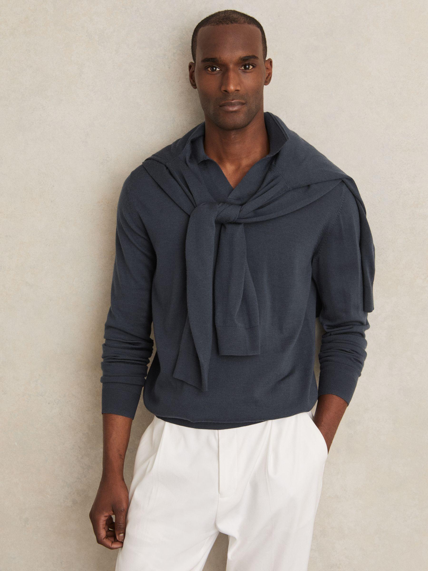 Merino Wool Open-Collar Polo Shirt in Midnight Navy Product Image