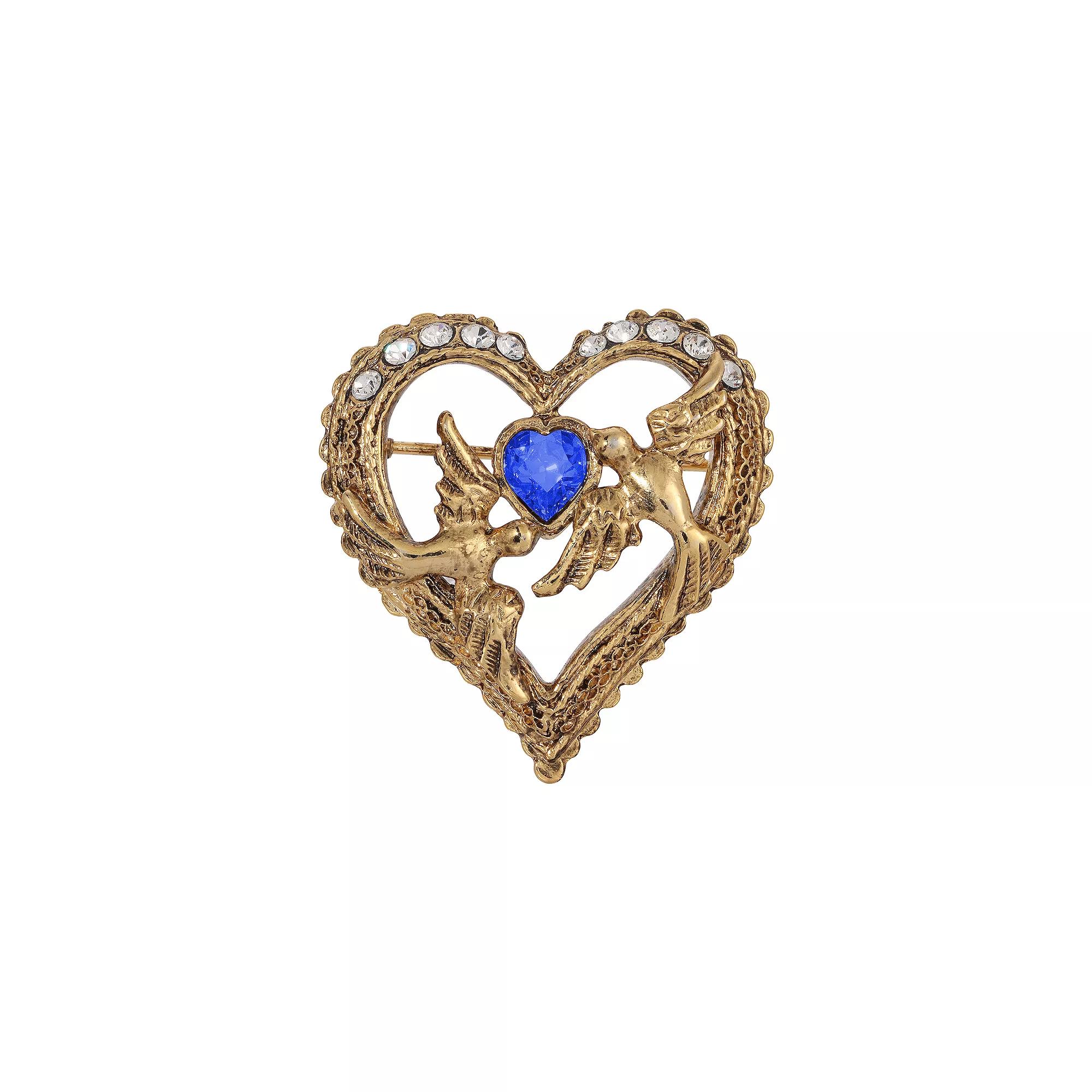 1928 Gold Tone Crystal Love Birds Heart Pin, Womens, Blue Product Image