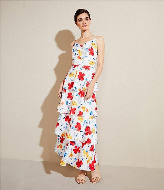 Anne Klein Satin Floral Print V-Neck Sleeveless Tiered A-Line Maxi Dress Product Image