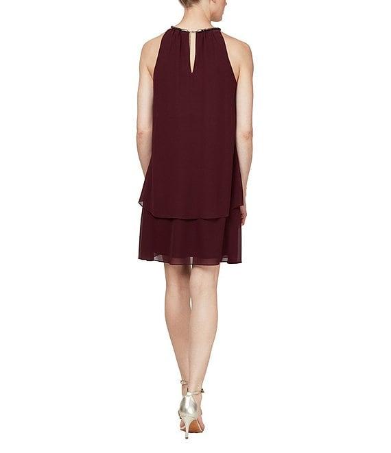 Ignite Evenings Chiffon Sleeveless Embellished Halter Neck Flowy Front Dress Product Image