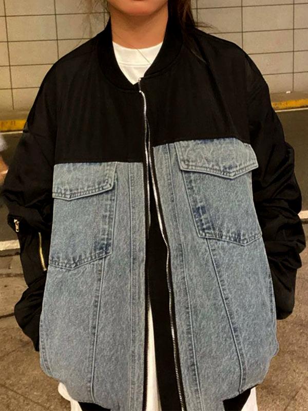 Denim Splice Bomber Jacket Product Image