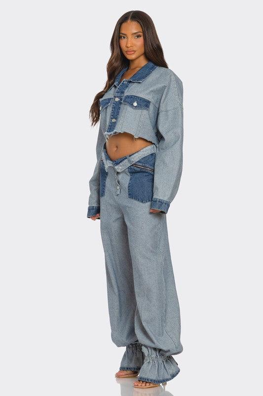 Cropped Contrast Denim Set Product Image
