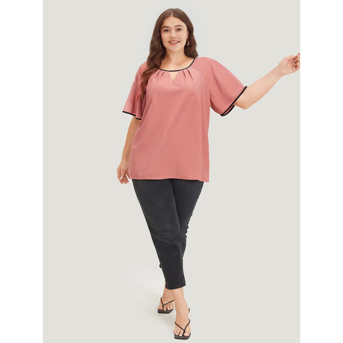 Plus Size Rouge Contrast Trim Plicated Detail Ruffle Sleeve Keyhole Blouse Women Elegant Short sleeve Keyhole Cut-Out Dailywear Blouses BloomChic 12/L Product Image