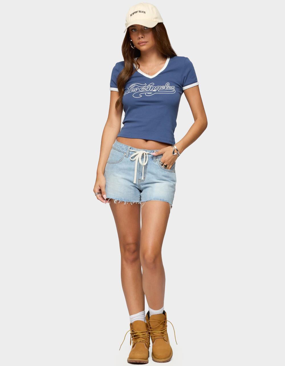 EDIKTED Milla Low Rise Denim Shorts - LIGHT BLUE Product Image