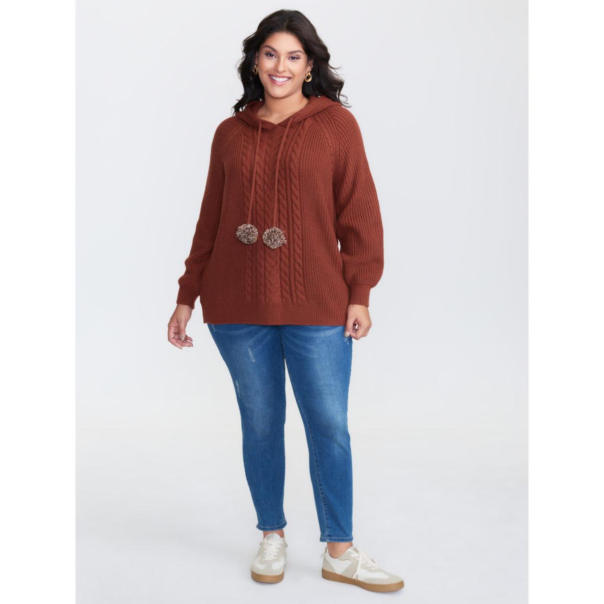 Plus Size Cableknit Raglan Sleeve Hooded Pullover Yellowishbrown Women Playful Loose Long Sleeve Hooded Casual Pullovers BloomChic 30/6X Product Image