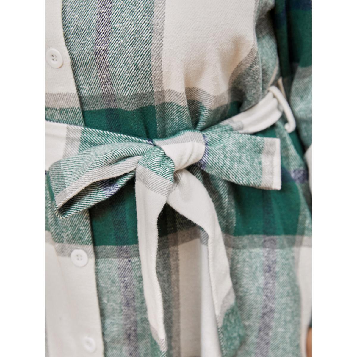 Plus Size Plaid Pocket Button Up Belted Shirt Collar Dress Green Women Elegant Button Shirt collar Long Sleeve Curvy Midi Dress BloomChic 28/5X Product Image