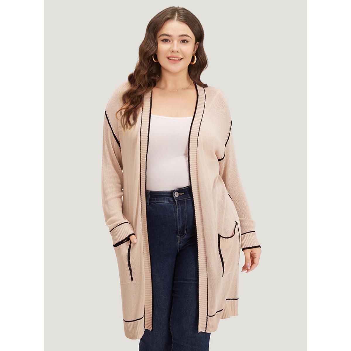 Plus Size Contrast Trim Patched Pocket Drop Shoulder Cardigan Champagne Women Casual Loose Long Sleeve Everyday Cardigans BloomChic 28/5X Product Image