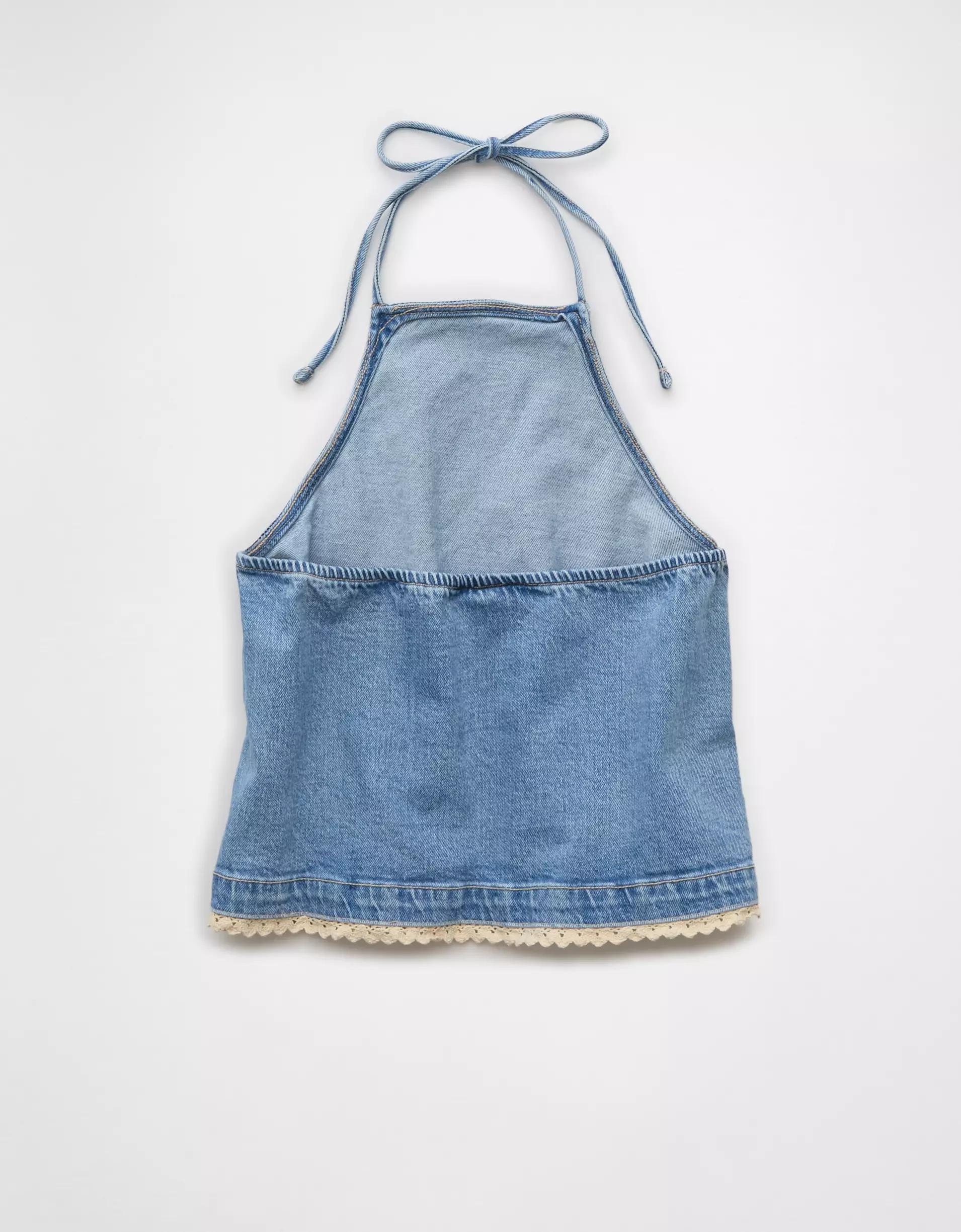 AE Crochet Denim Halter Top Product Image