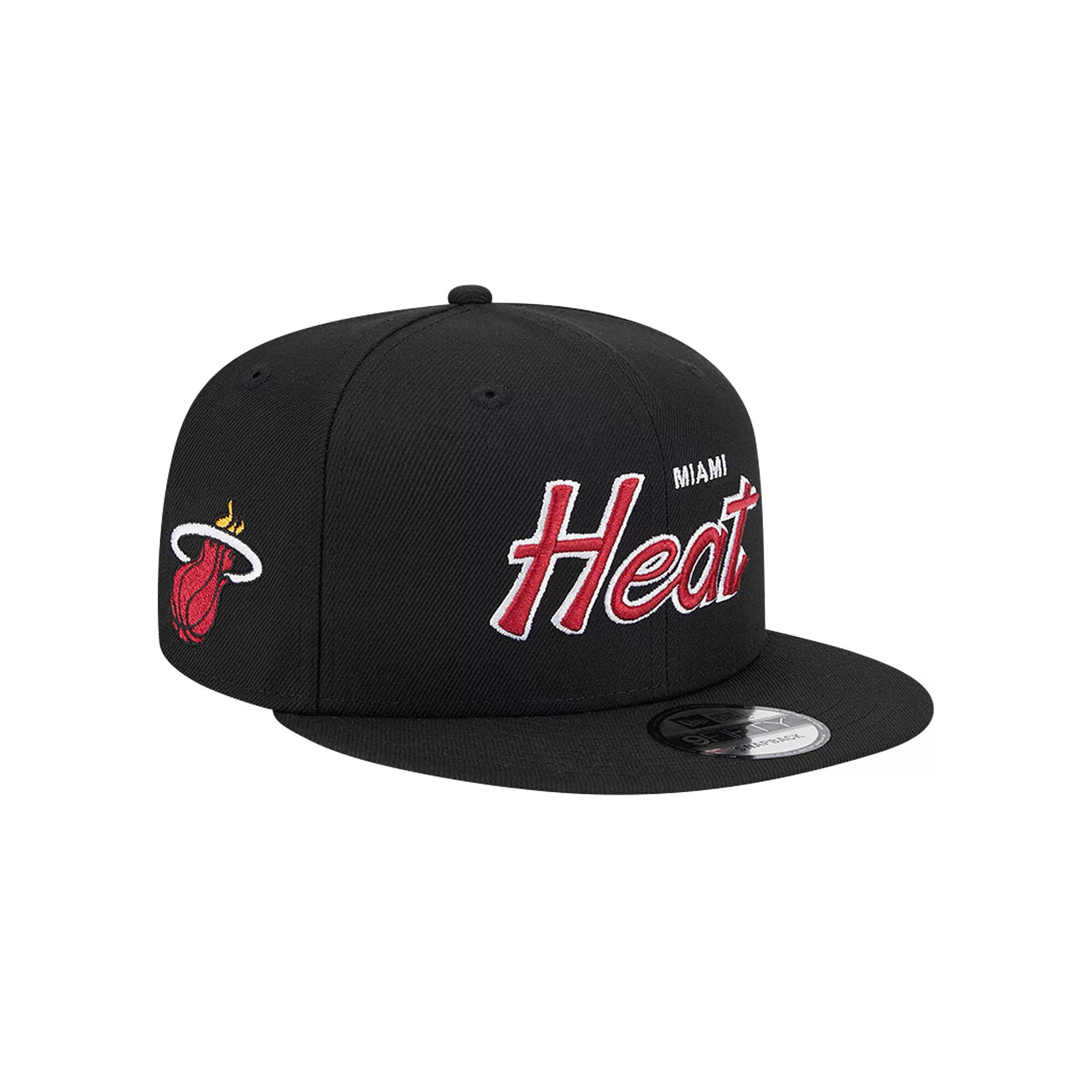 Men's New Era Black Miami Heat Evergreen Script Side Patch 9FIFTY Snapback Hat Product Image