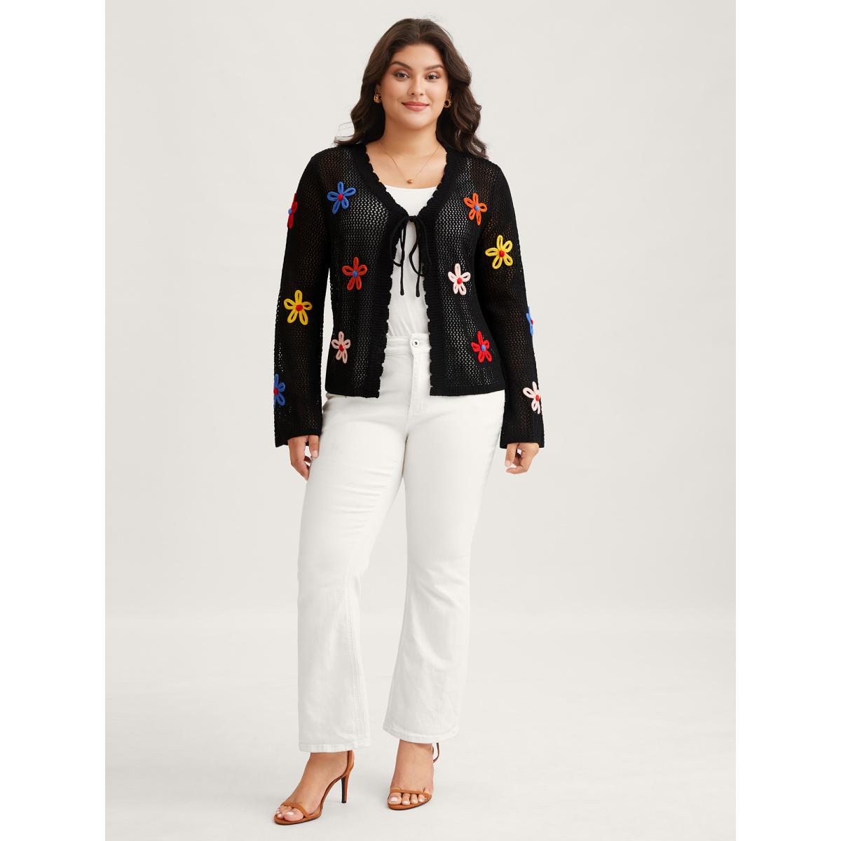 Plus Size Knit Floral Front Tie Cardigan Black Women Playful Loose Long Sleeve Casual Cardigans BloomChic 14-16/1X Product Image