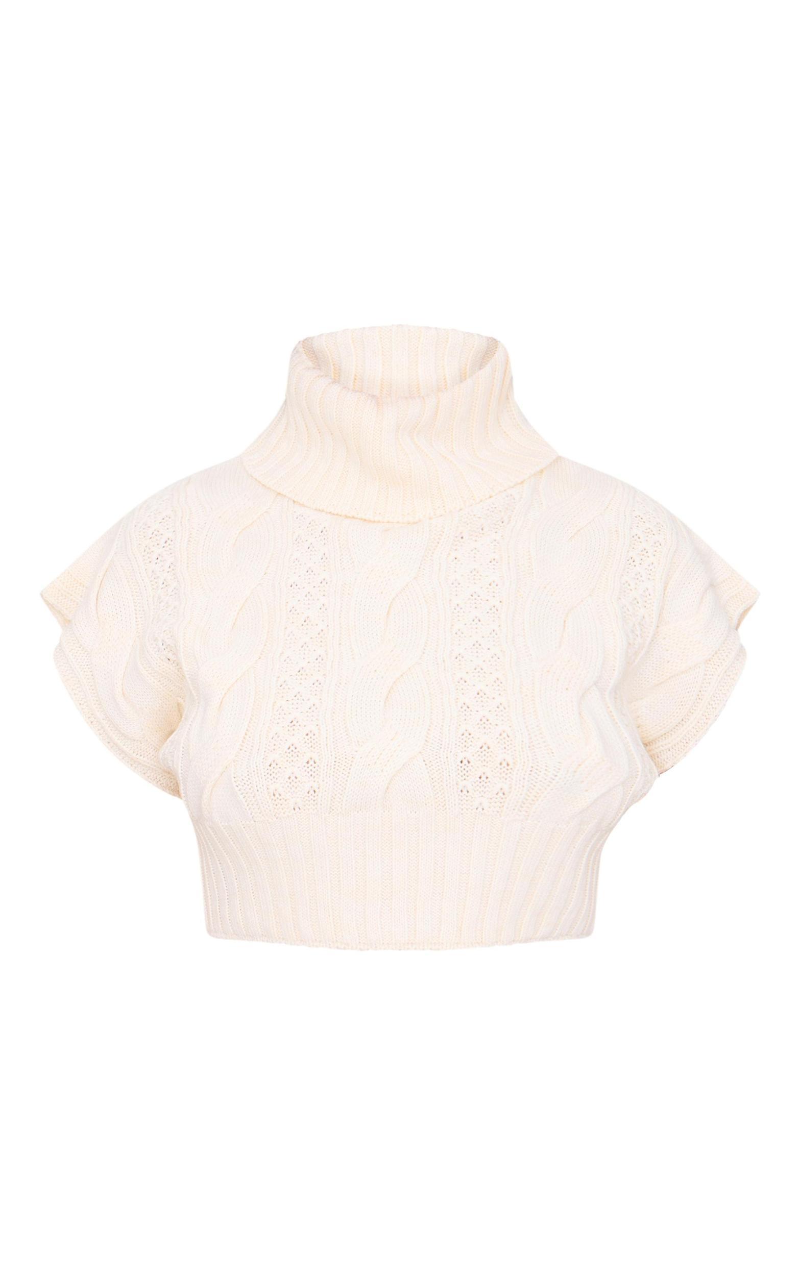 Plus Cream Cable Knit Cap Sleeve Roll Neck Cropped Vest Product Image