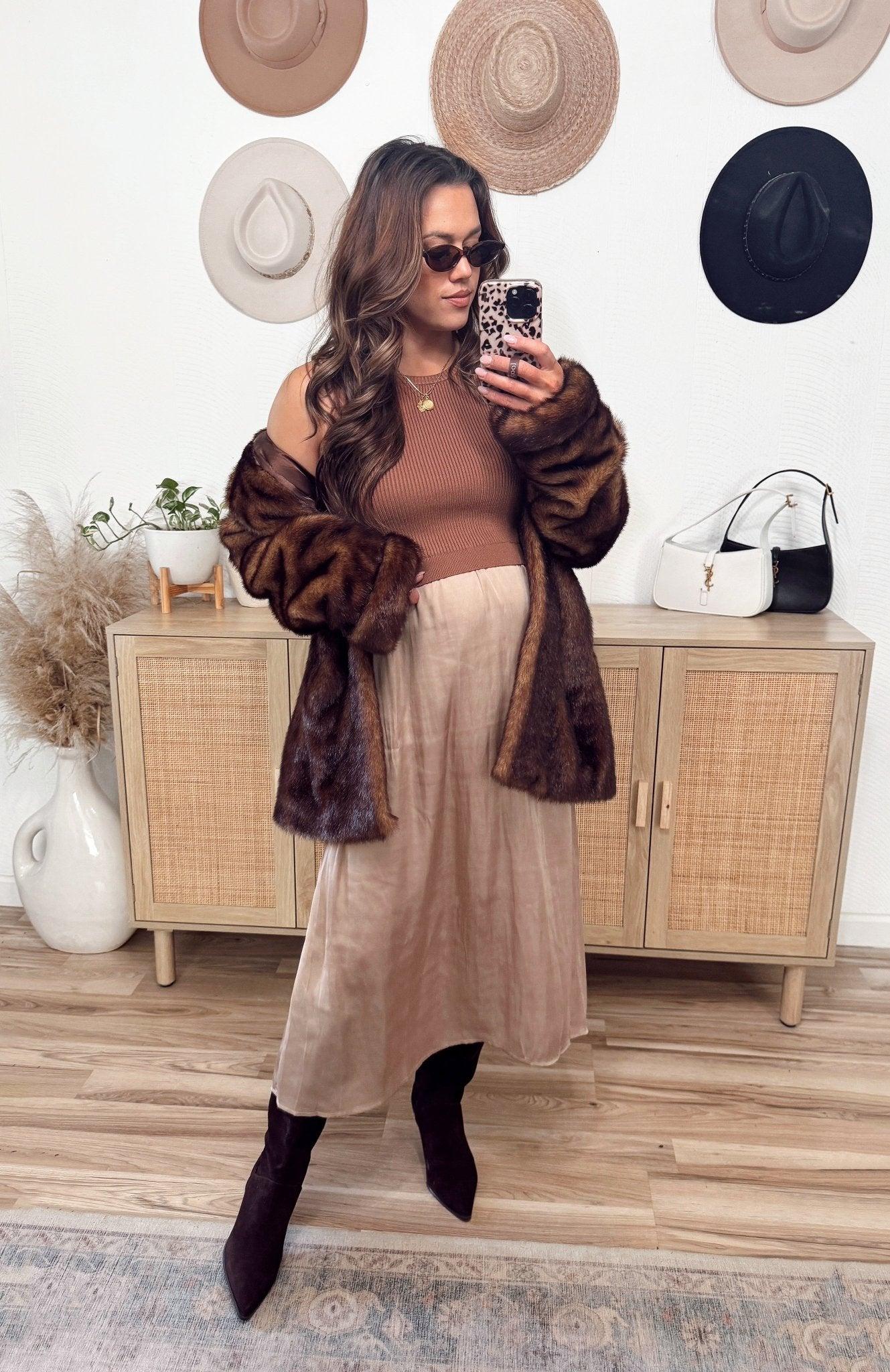 Sleeveless Half Sweater and Satin Skirt Midi Dress - Mocha Female Product Image