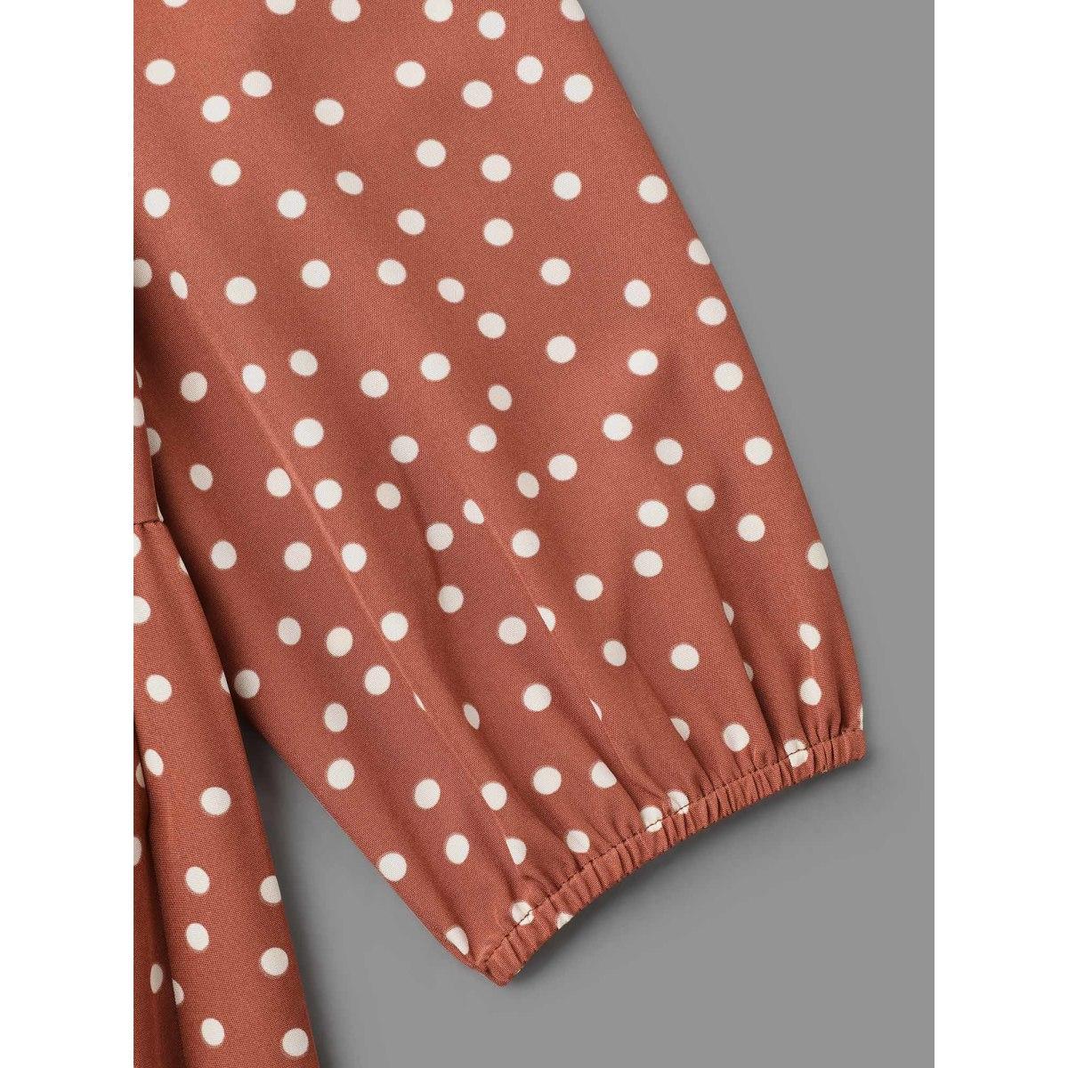 Plus Size Polka Dot Waist-Cinched Tiered Dress Rust Women At the Office Ruffles Round Neck Long Sleeve Curvy BloomChic 26/4X Product Image