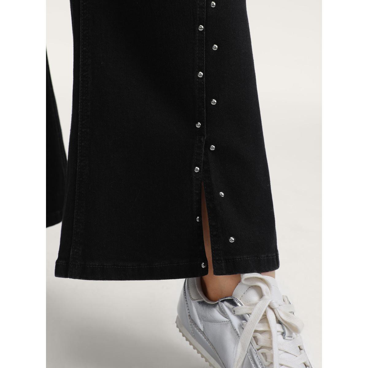 Plus Size Rhinestone Mid-Rise Flared Hem Jeans Women Denimblack Timeless Rhinestone detailing High stretch Slanted pocket Jeans BloomChic 16/1X Product Image