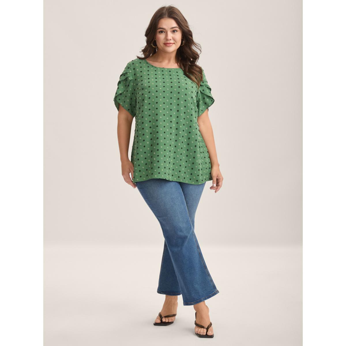 Plus Size Greenbean Textured Color Contrast Petal Sleeve Blouse Women Timeless Short sleeve Round Neck Elegant Blouses BloomChic 30/6X Product Image